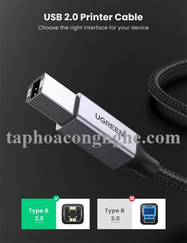 Ugreen 80804 3M đầu nhôm dây bọc lưới chống nhiễu cáp máy in màu Đen 2.0 USB A sang B US369 30080804